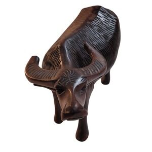 Vintage Hand Carved Wood Water Buffalo Figurine Dark Brown Folk Art Sculpture 8"